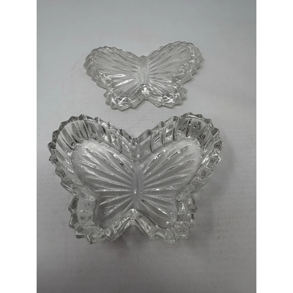 Vintage 90's Clear Crystal Butterfly Shaped Trinket Dish With Lid No Chips
